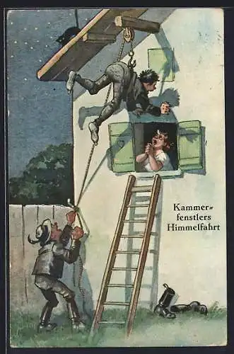 AK Kammerfenstlers Himmelfahrt, Mann hängend an Flaschenzug