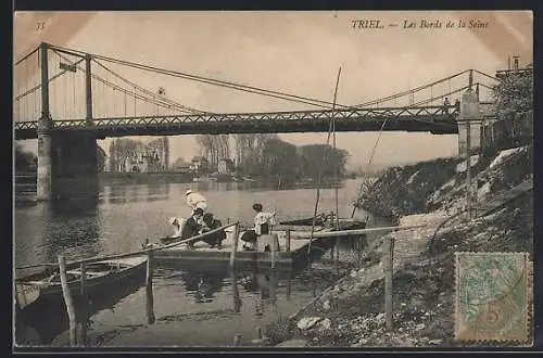 AK Triel, Bords de la Seine, Angler an der Seine-Brücke