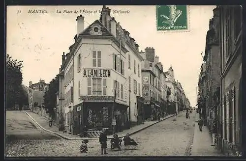 AK Mantes-sur-Seine, La Place de l`Etape et la Rue Nationale