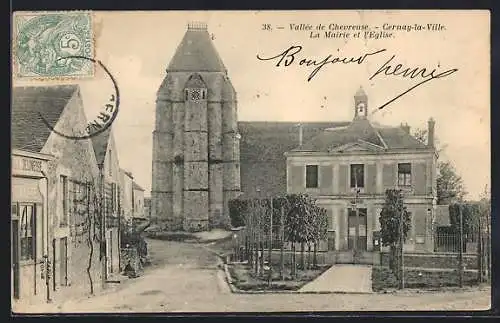 AK Cerney-la-Ville, La Mairie et l`Eglise