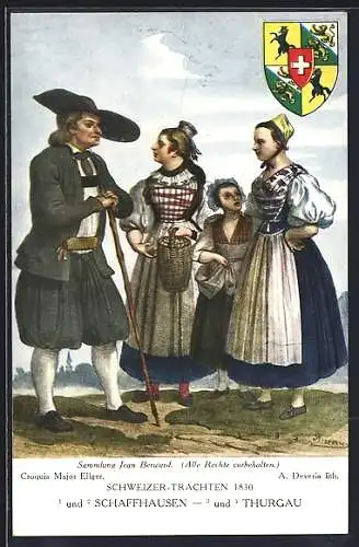 AK Gruppe in Schaffhausener und Thurgauer Trachten, Wappen, Schweizer Trachten 1830