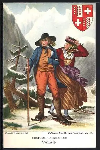 AK Paar in Tracht des Kantons Wallis im Gebirge, Wappen, Schweizer Trachten 1830