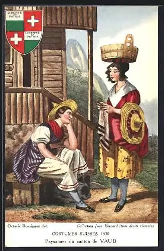 AK Bäuerinnen in Trachten des Kantons Waadt, Wappen, Schweizer Trachten 1830