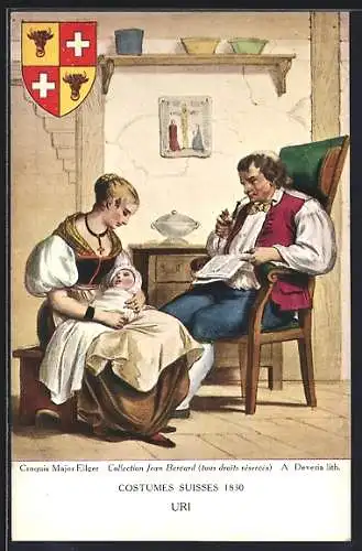 AK Paar in Trachten des Kantons Uri mit Säugling, Wappen, Schweizer Trachten 1830