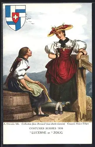 AK Zwei Frauen in Zuger und Luzerner Trachten, Wappen, Schweizer Trachten 1830