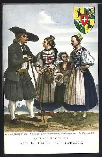 AK Gruppe in Schaffhausener und Thurgauer Trachten, Wappen, Schweizer Trachten 1830