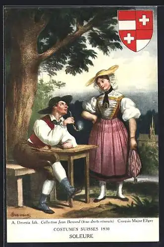 AK Paar in Solothurner Tracht, Wappen, Schweizer Trachten 1830