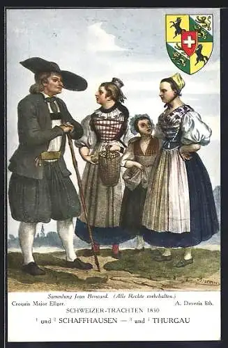 AK Gruppe in Schaffhausener und Thurgauer Trachten, Wappen, Schweizer Trachten 1830