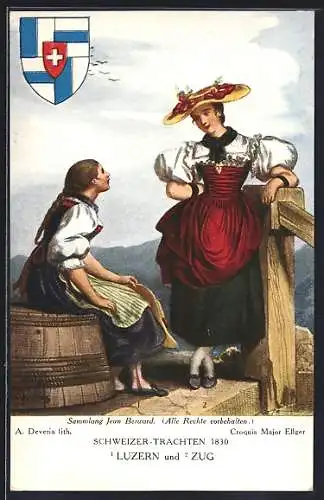 AK Zwei Frauen in Zuger und Luzerner Trachten, Wappen, Schweizer Trachten 1830