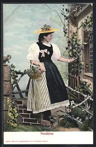 AK Vaudoise, Dame in Tracht aus der Schweiz, Weinreben