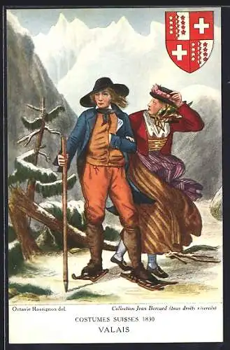 AK Paar in Tracht des Kantons Wallis im Gebirge, Wappen, Schweizer Trachten 1830