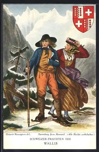 AK Paar in Tracht des Kantons Wallis im Gebirge, Wappen, Schweizer Trachten 1830