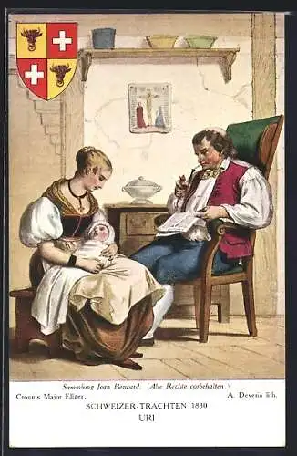 AK Paar in Trachten des Kantons Uri mit Säugling, Wappen, Schweizer Trachten 1830