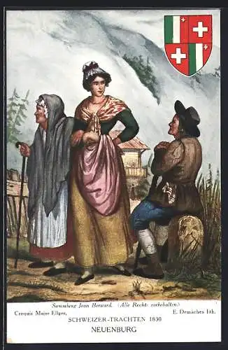 AK Gruppe in Trachten des Kantons Neuchatel, Wappen, Schweizer Trachten 1830