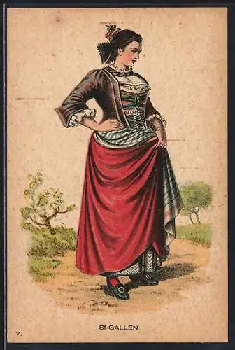 AK Schweiz, Anciens Costumes Suisses, Frau in Tracht aus St. Gallen