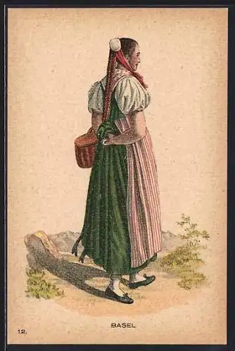 AK Schweiz, Anciens Costumes Suisses, Frau in Tracht mit einem Korb aus Basel