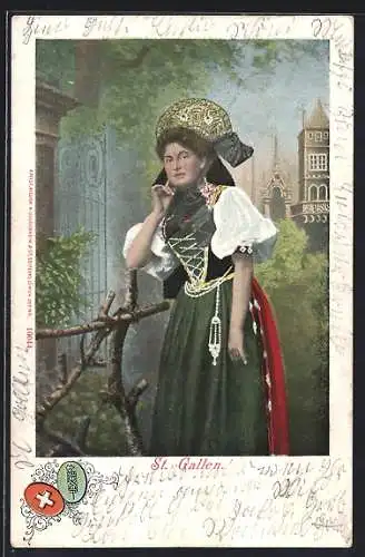 AK St. Gallen, Frau in Tracht steht an einem Zaun