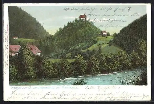 AK Mariazell, Blick über die Mur zum Sigmundsberg mit der Filialkirche hl. Sigmund