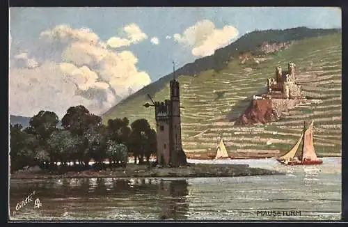 Künstler-AK Raphael Tuck &amp Sons Nr. 678 B: Bingen a. Rh., Mäuseturm mit Blick auf den Rhein