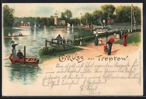 Lithographie Berlin-Treptow, Uferpartie mit Dampferanleger und Gasthaus