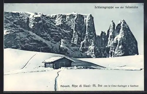 AK Seis am Schlern, Seiseralm im Schnee vor Schlerngruppe