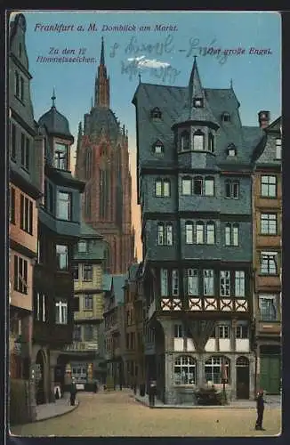 AK Alt-Frankfurt, Domblick am Markt mit grossem Engel und Zu den 12 Himmelszeichen