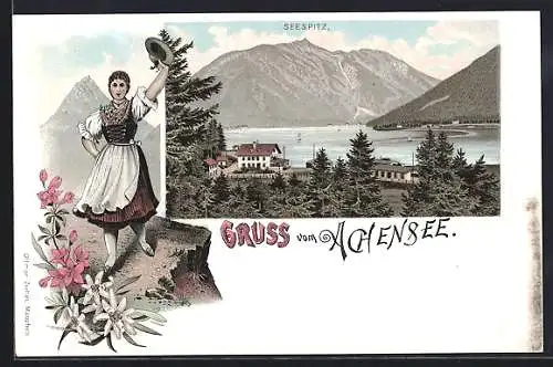 Lithographie Maurach /Achensee, Hotel Seespitz, Frau in Tiroler Tracht