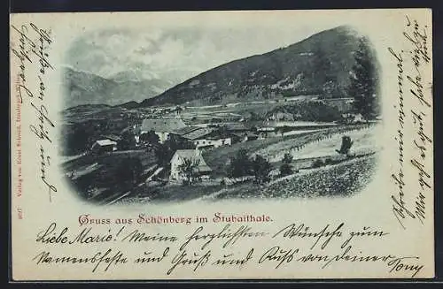 Mondschein-AK Schönberg im Stubaital, Panorama mit Kirche