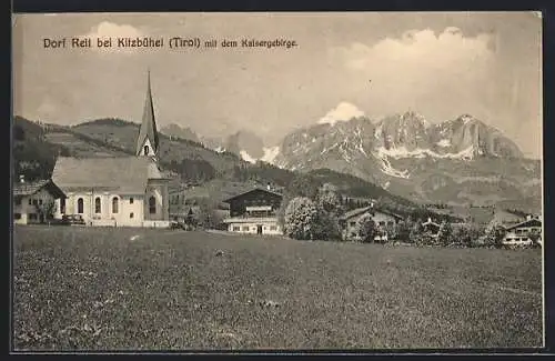 AK Reith bei Kitzbühel, Kirche mit dem Kaisergebirge