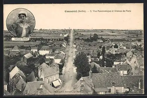 AK Connerré /Sarthe, Vue Panoramique et Avenue de Paris, Costume Sarthois