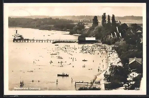 AK Chieming, Panorama vom Badestrand, Dampfer