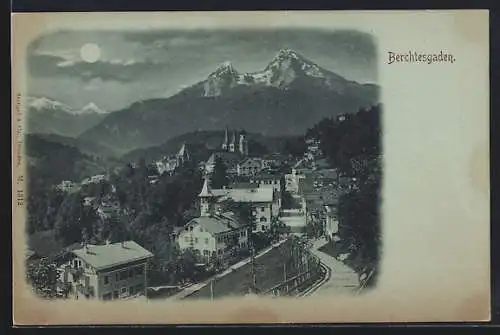 Mondschein-AK Berchtesgaden, Ortsansicht aus der Vogelschau