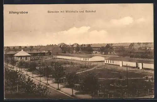 AK Altengrabow, Baracken mit Milchhalle & Bahnhof
