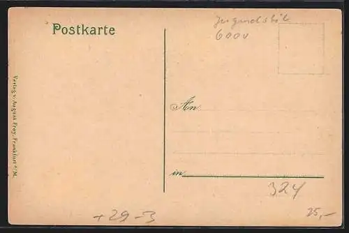 Passepartout-Lithographie Alt-Frankfurt, Brückenmühle, Totalansicht, See mit Lilie und Seerosen, rote Sonne