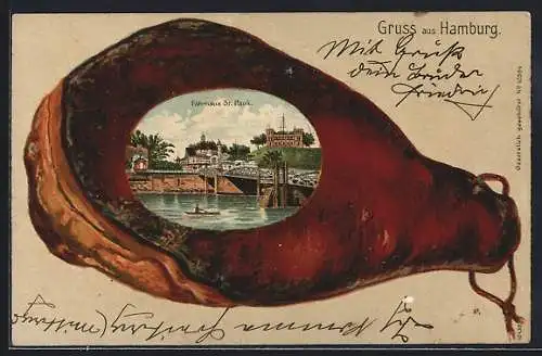 Passepartout-Lithographie Hamburg-St. Pauli, Schinken, Fährhaus