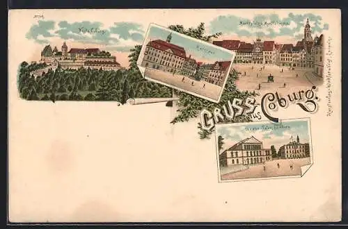 Lithographie Coburg, Theater-Palais Edinburg, Veste, Marktplatz mit Kirche