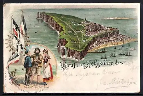 Lithographie Helgoland, Heiratsantrag unter Fischern, Panoramablick auf die Insel