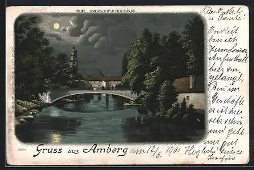 Lithographie Amberg, Neue Ringstrassenbrücke mit Turmblick im Mondschein