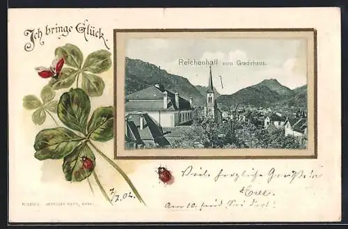 Passepartout-Lithographie Reichenhall, Ortsansicht vom Gradirhaus, Glücksklee mit Marienkäfern