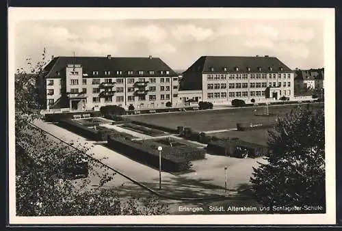 AK Erlangen, Städt. Altenheim und Schlageter-Schule mit Anlagen und Strasse aus der Vogelschau