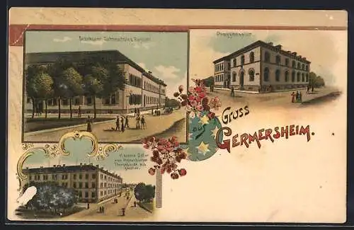 Lithographie Germersheim, Bezirksamt, Töchterschule u. Rentamt, Kaserne Zeller, Progymnasium