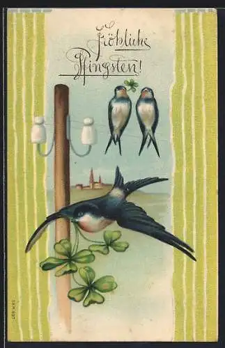 Lithographie Fröhliche Pfingsten, Schwalben