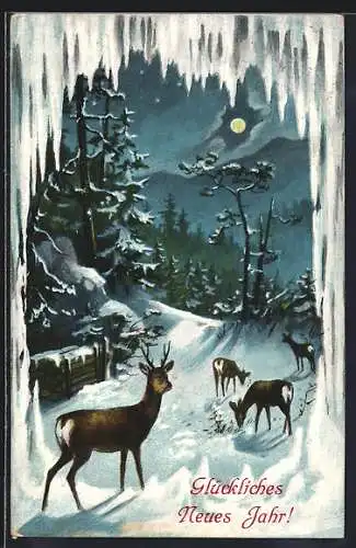 AK Rehe in einer Vollmondnacht im Winter, Neujahrsgruss