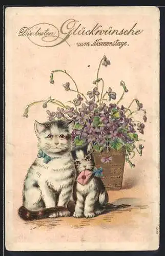 Präge-AK Zwei Katzen mit einem Brief, Namenstagsgruss