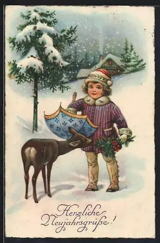 AK Kind mit Stechpalmenstrauss und neugierigem Rehkitz, Neujahrsgruss