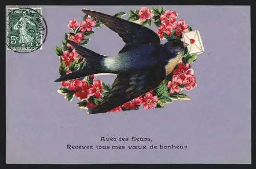AK Briefschwalbe mit Brief im Blumenkranz