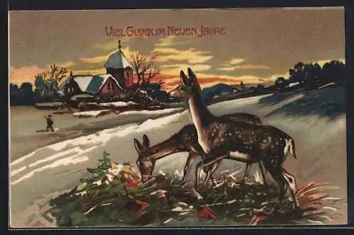 AK Zwei Rehe vor einer Ortschaft im Winter, Neujahrsgruss