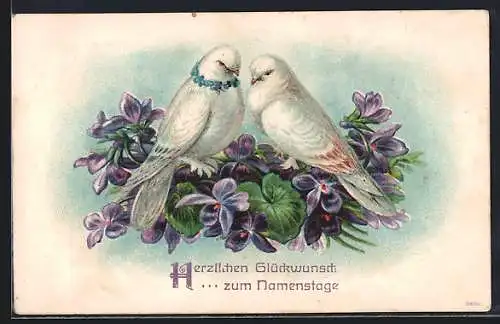 AK Taubenpaar mit Blumen, Namenstagsgruss