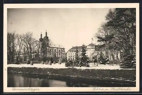 AK Donaueschingen, Schloss und Stadtkirche im Schnee