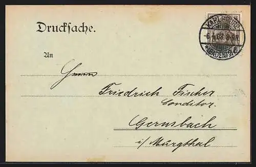 AK Karlsruhe, Empfangsanzeige von Heinrich Rothweiler